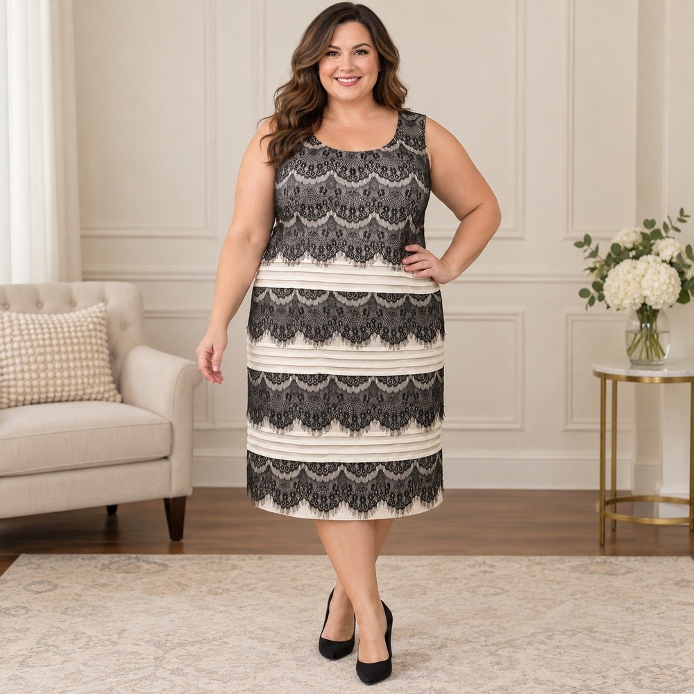Dressbarn Lace Tier Dress Womens 20 Black Ivory Romantic Cocktail